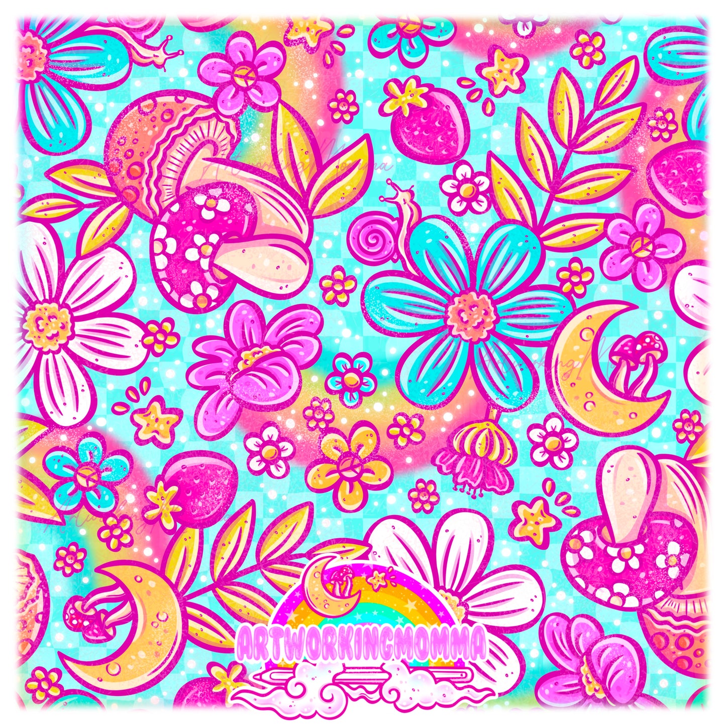 Rainbow Groovy Floral Blue Checkers