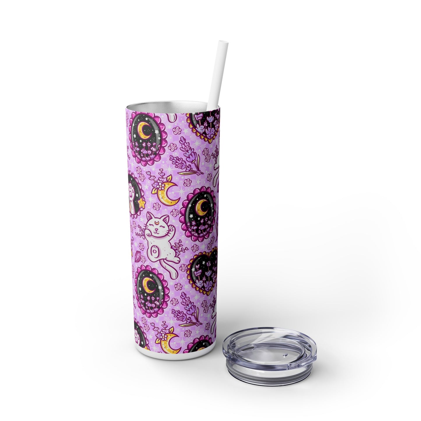 Lavender Kitty Skinny Tumbler with Straw, 20oz