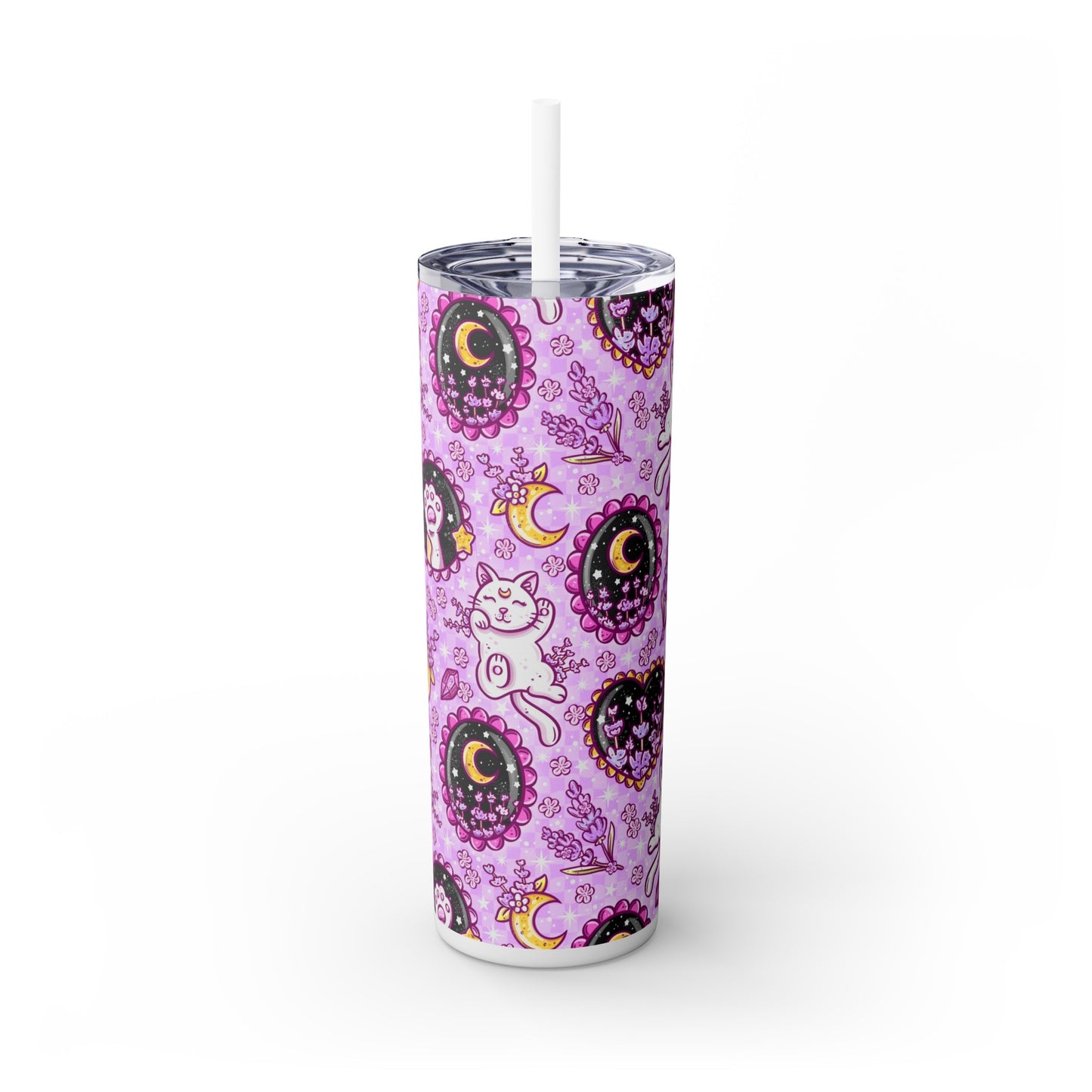 Lavender Kitty Skinny Tumbler with Straw, 20oz