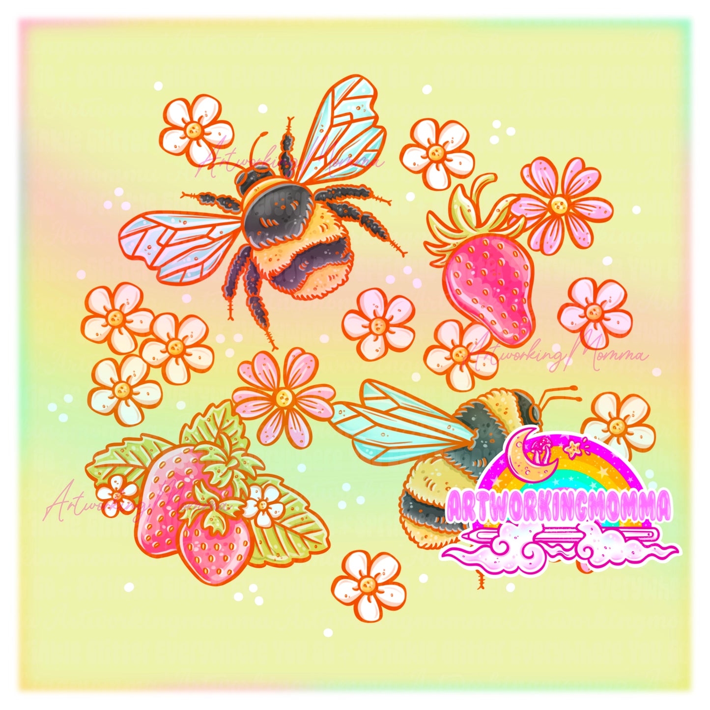 Strawberry Bees Sage Green and PNG