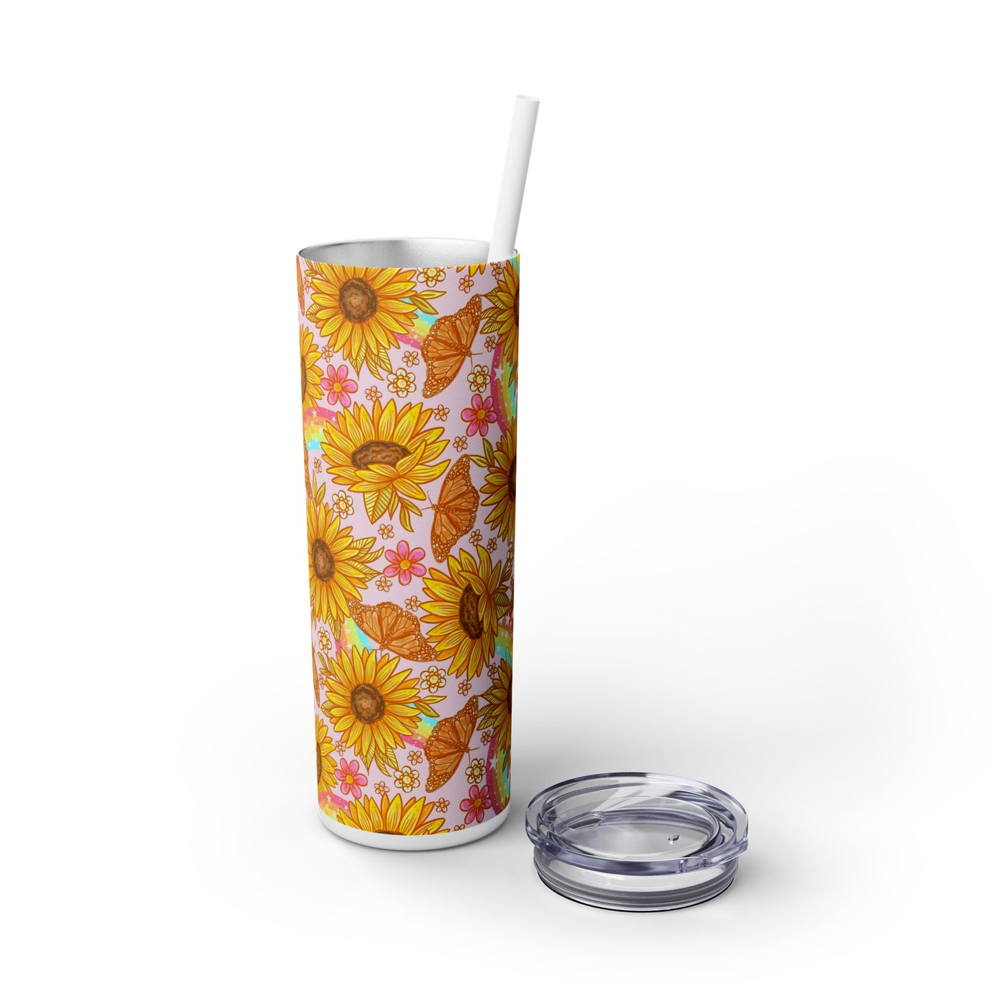 Rainbow Sunflower Skinny Tumbler with Straw, 20oz