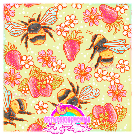 Strawberry Bees Sage Green and PNG