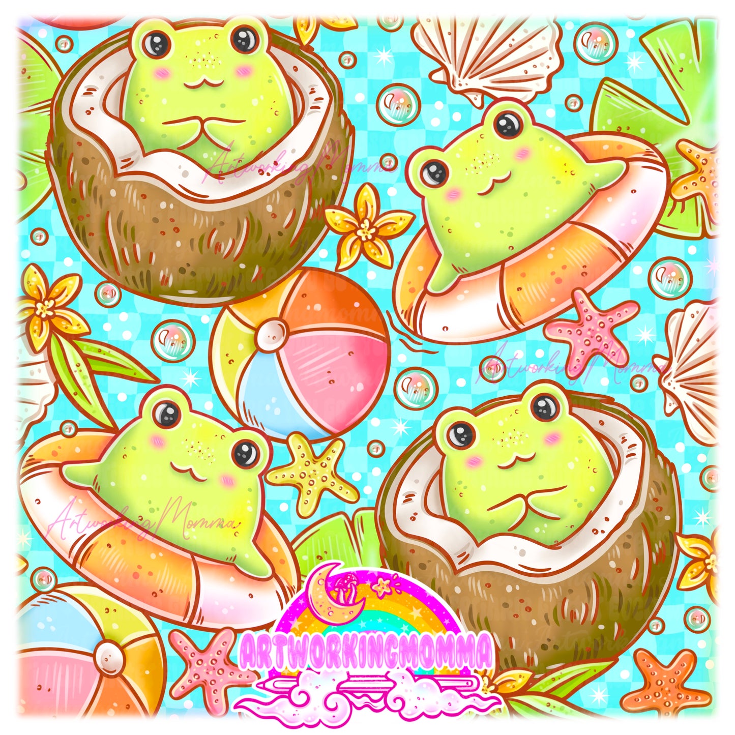 Beachy Frogs Blue Checkers