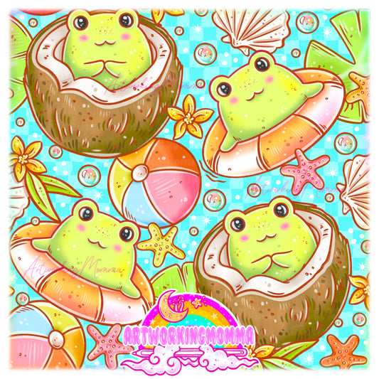 Beachy Frogs Blue Checkers